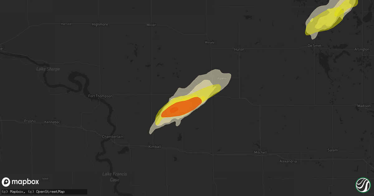 Hail map in Wessington Springs, SD on October 9, 2021
