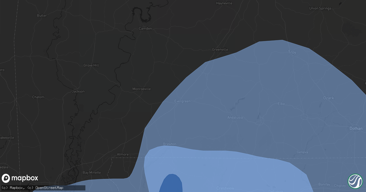Hail map in Evergreen, AL on October 9, 2026