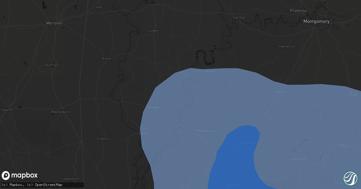 Hail map in Lower Peach Tree, AL on October 9, 2026