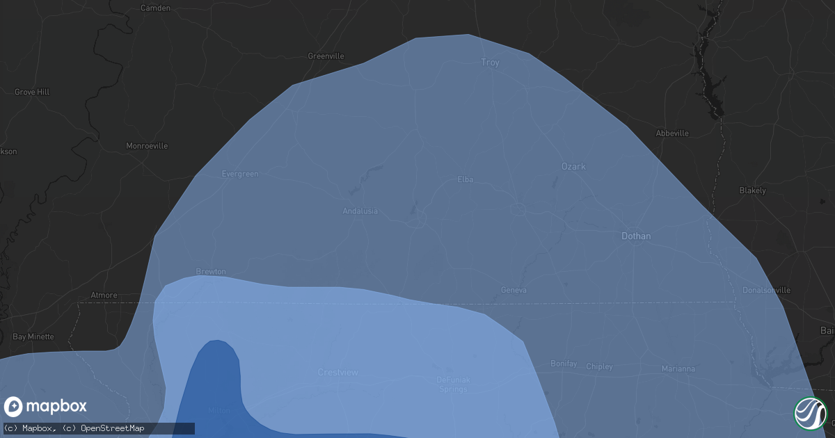 Hail map in Opp, AL on October 9, 2026