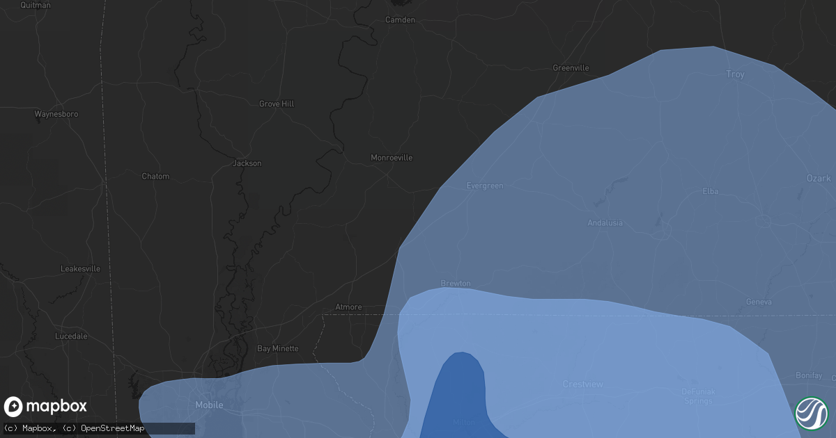 Hail map in Range, AL on October 9, 2026