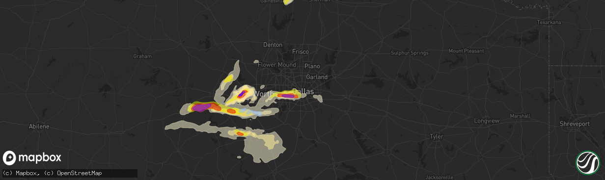 Hail map in Dallas, TX on October 10, 2019