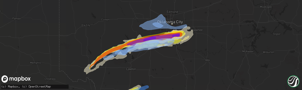 Hail map in Chickasha, OK on October 10, 2021