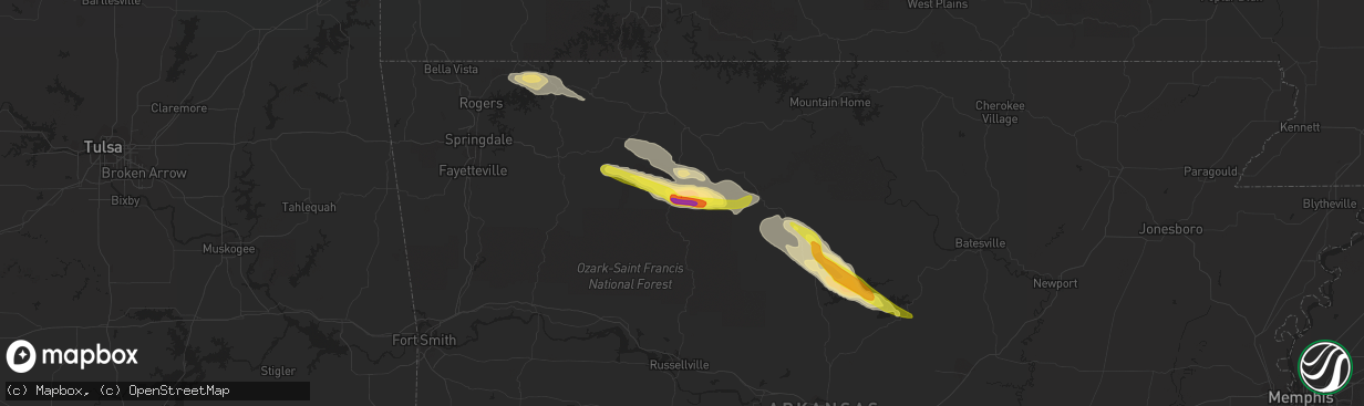 Hail map in Vendor, AR on October 12, 2016