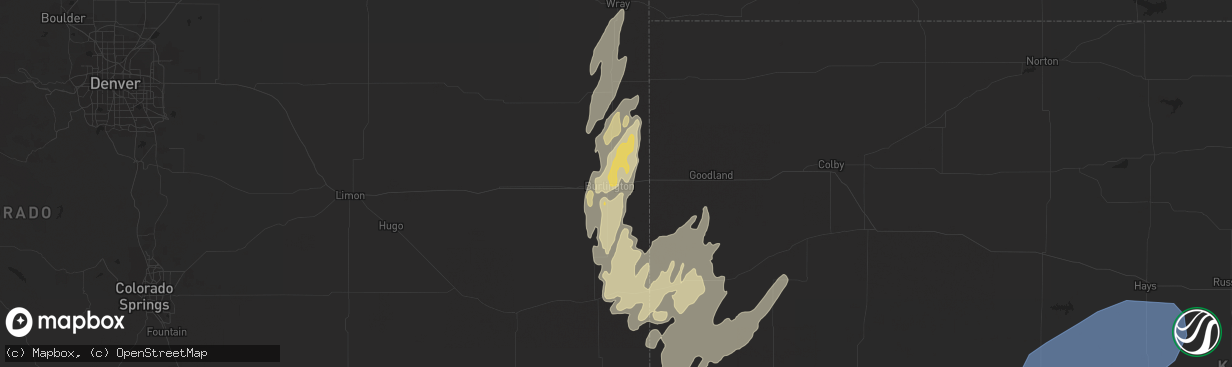 Hail map in Burlington, CO on October 12, 2021