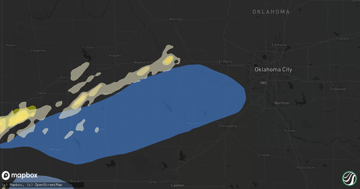 Hail map in Binger, OK on October 13, 2026