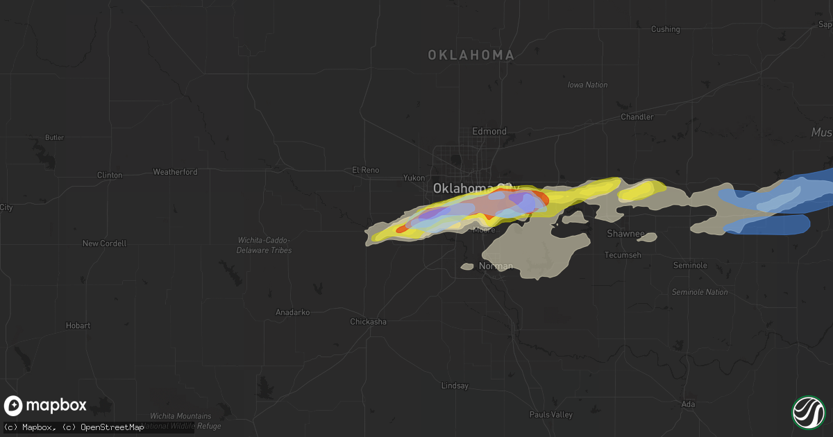 Hail map in Mustang, OK on October 14, 2021