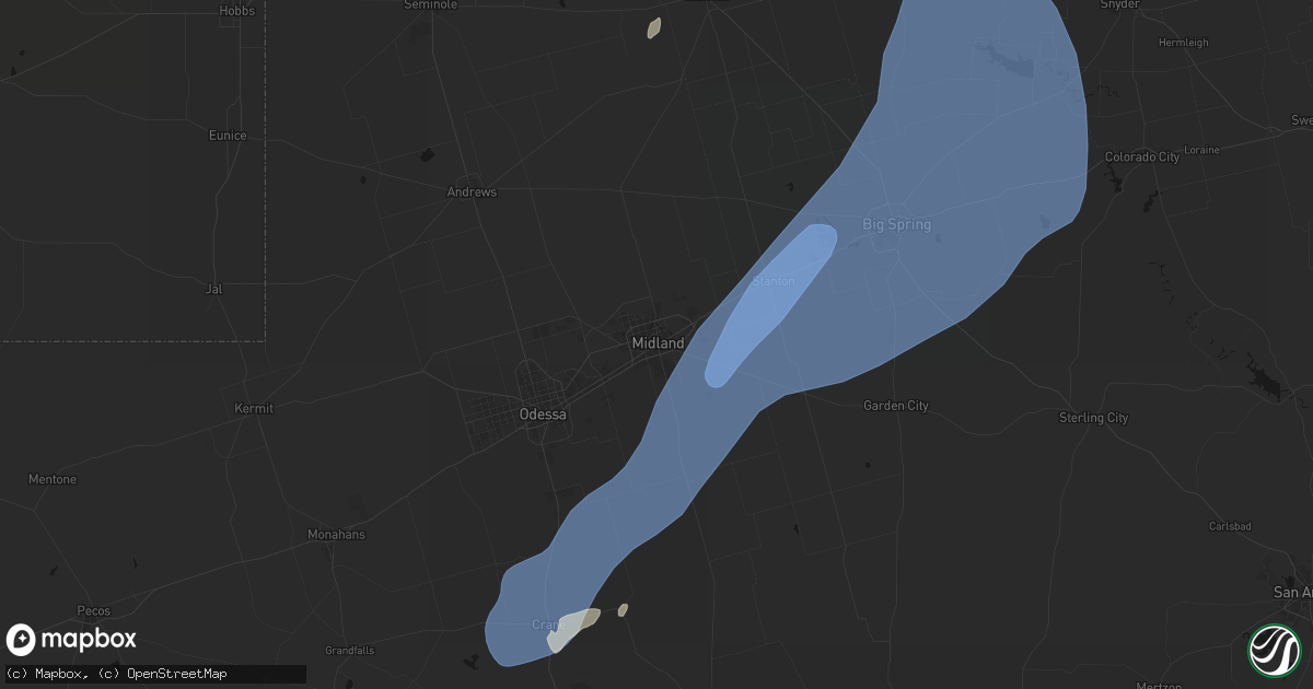 Hail map in Midland, TX on October 14, 2026