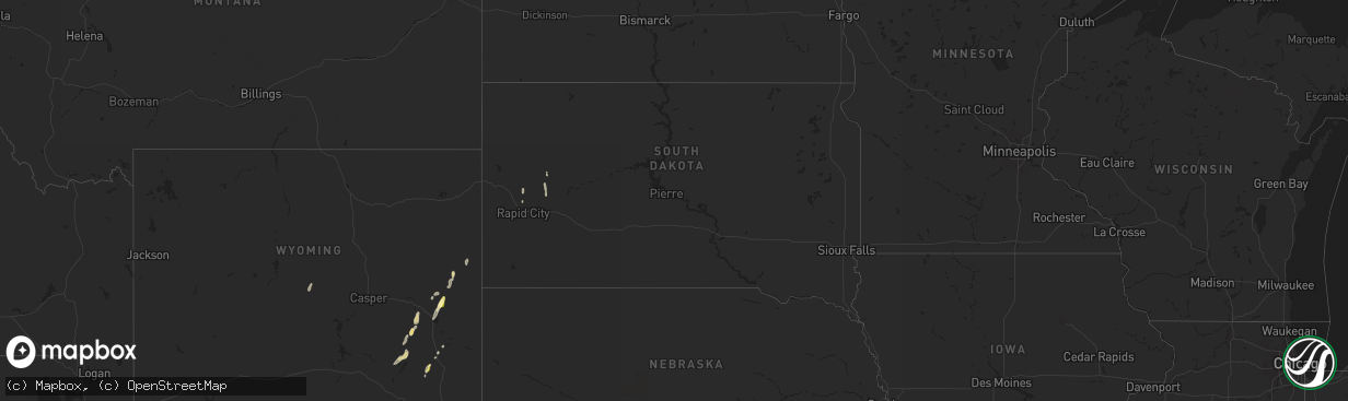 Hail map in South Dakota on October 15, 2025