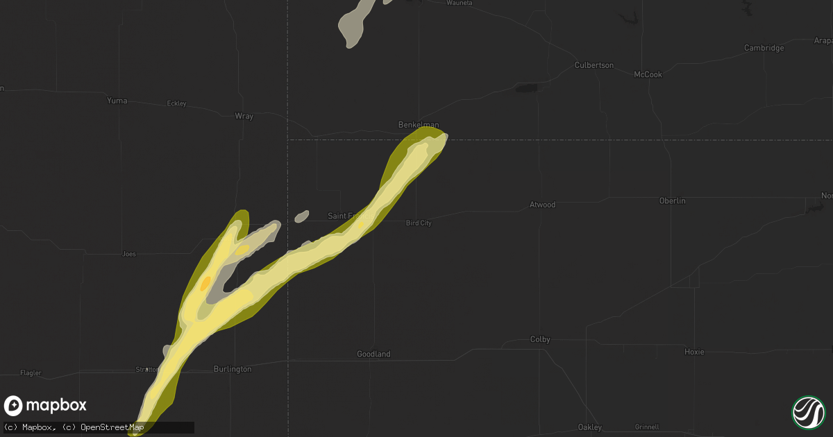 Hail map in Bird City, KS on October 16, 2025