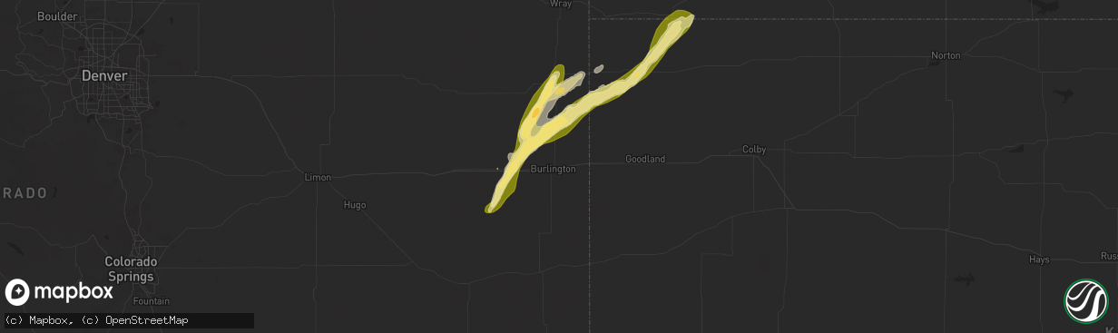 Hail map in Burlington, CO on October 16, 2025