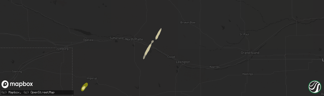 Hail map in Gothenburg, NE on October 16, 2025