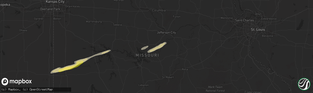 Hail map in Eugene, MO on October 18, 2025