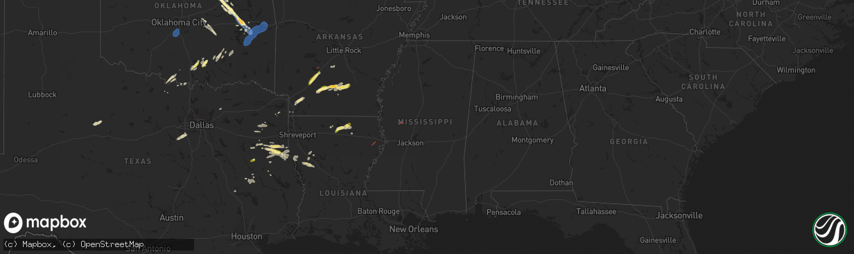 Hail map in Mississippi on October 18, 2025
