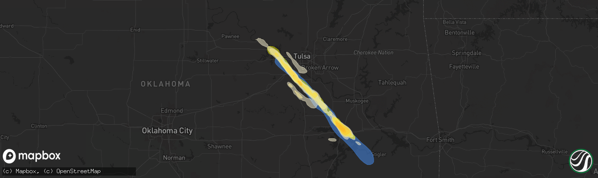 Hail map in Mounds, OK on October 18, 2025