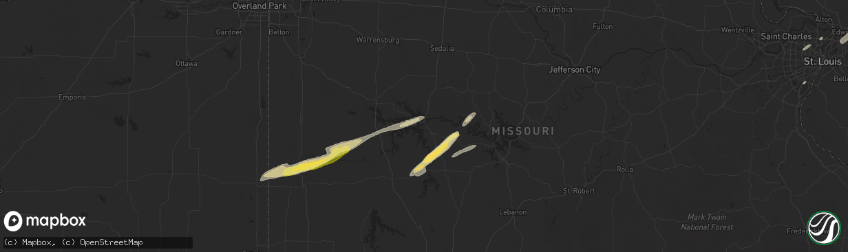 Hail map in Warsaw, MO on October 18, 2025