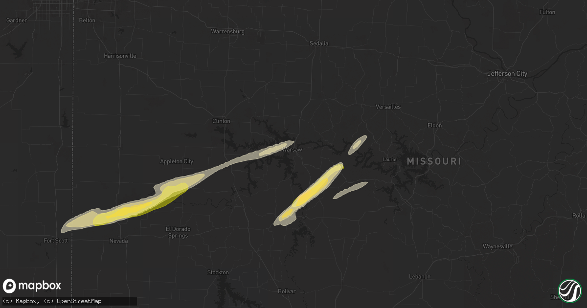 Hail map in Warsaw, MO on October 18, 2025