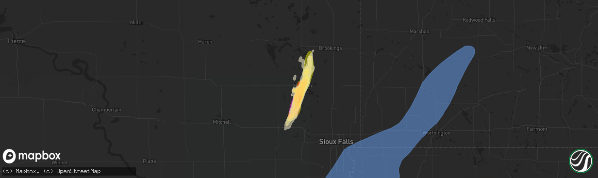 Hail map in Madison, SD on October 23, 2022