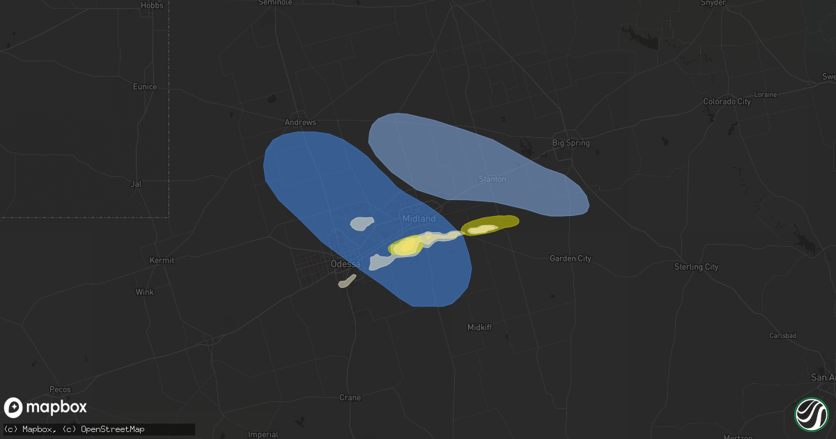 Hail map in Midland, TX on October 23, 2025