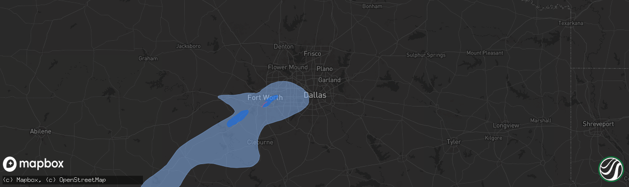 Hail map in Dallas, TX on October 24, 2025