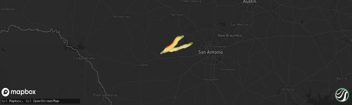 Hail map in Hondo, TX on October 25, 2025