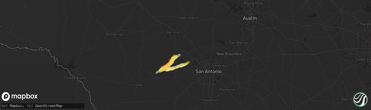 Hail map in Pipe Creek, TX on October 25, 2025
