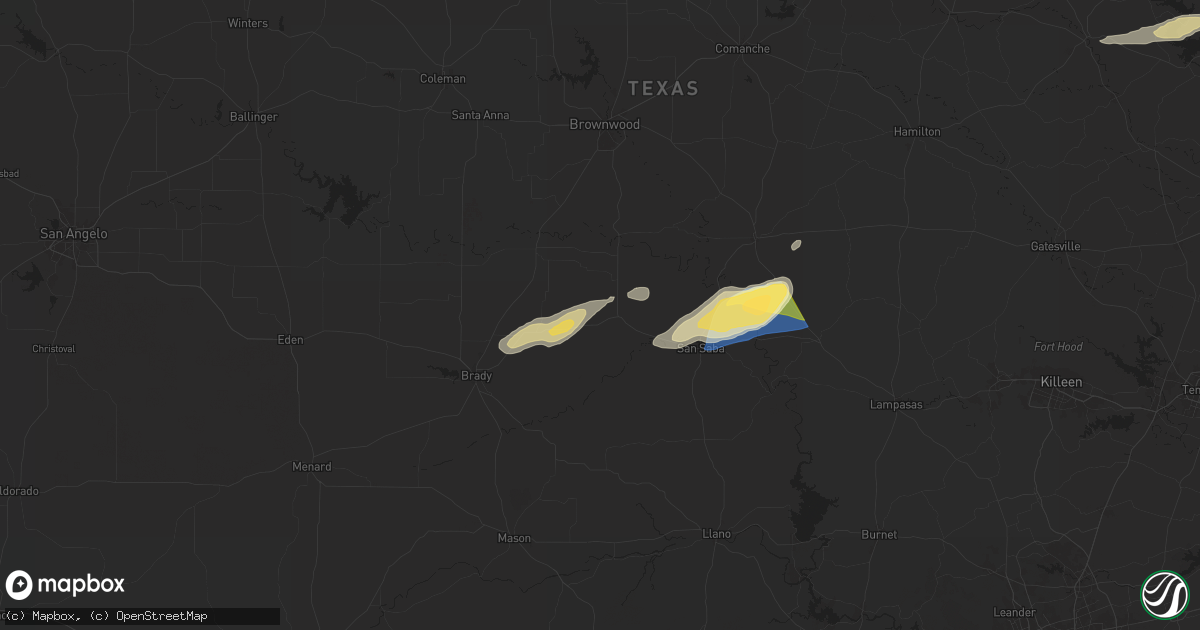 Hail map in Richland Springs, TX on October 25, 2025