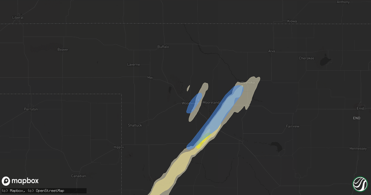 Hail map in Woodward, OK on October 26, 2021
