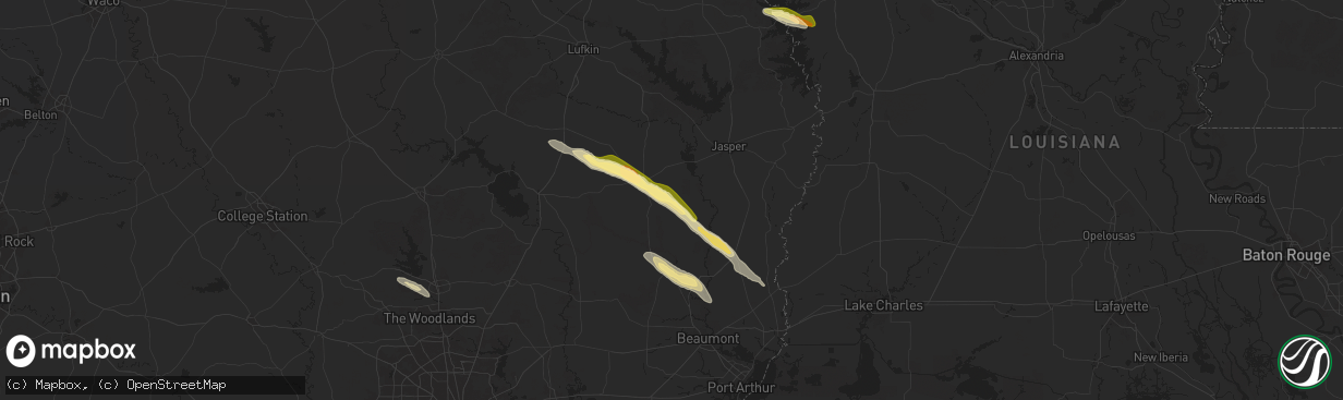 Hail map in Hillister, TX on October 28, 2025
