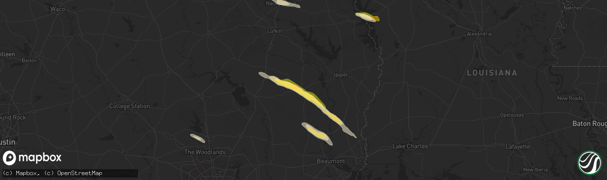 Hail map in Woodville, TX on October 28, 2025