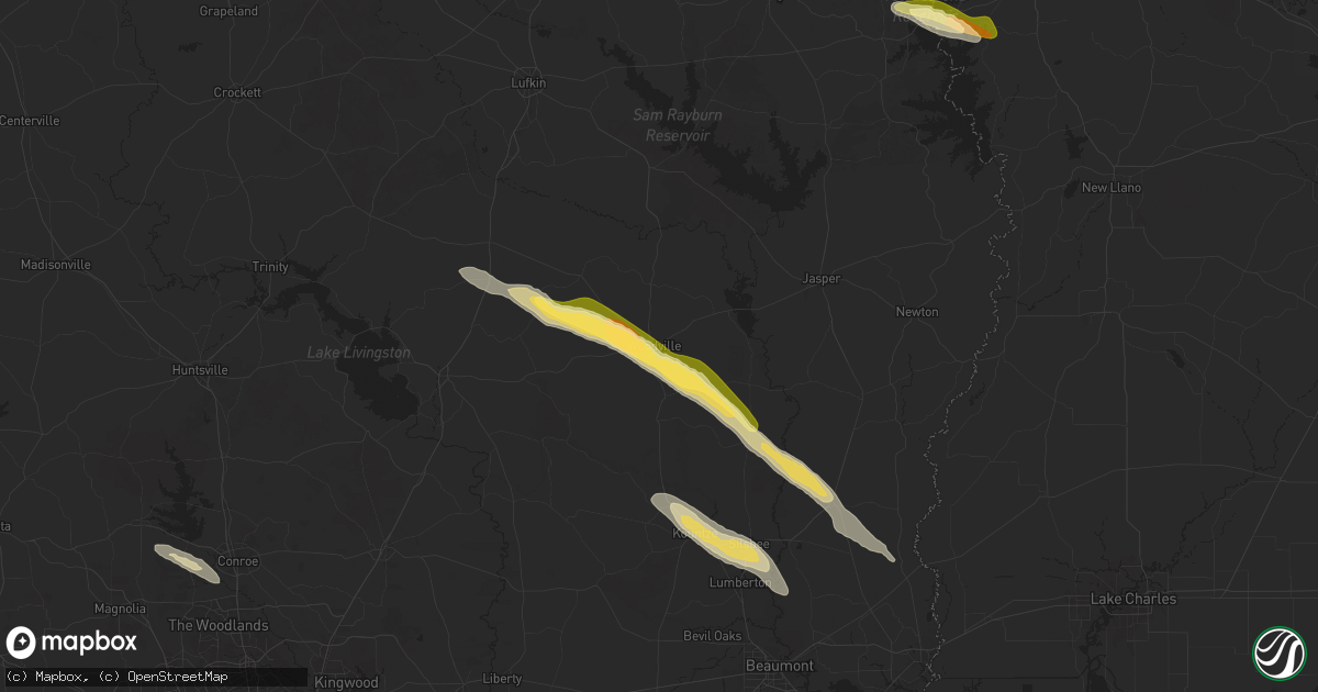 Hail map in Woodville, TX on October 28, 2025