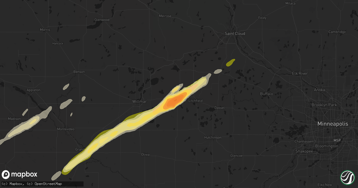 Hail map in Grove City, MN on October 28, 2026