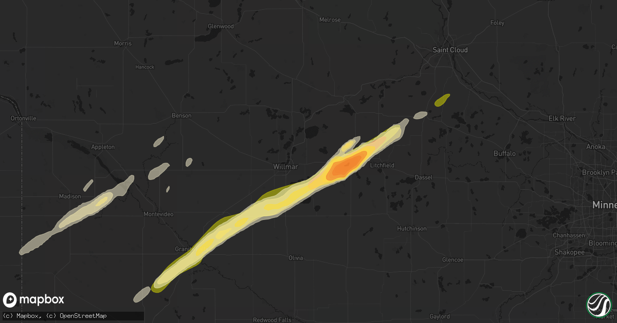 Hail map in Kandiyohi, MN on October 28, 2026