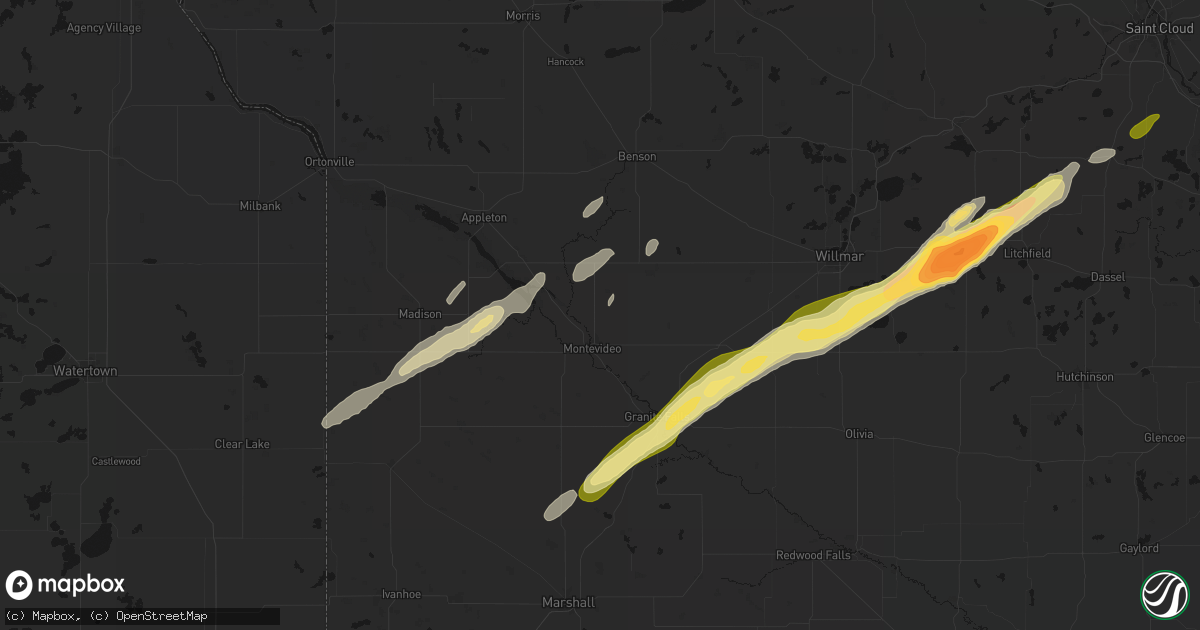 Hail map in Montevideo, MN on October 28, 2026