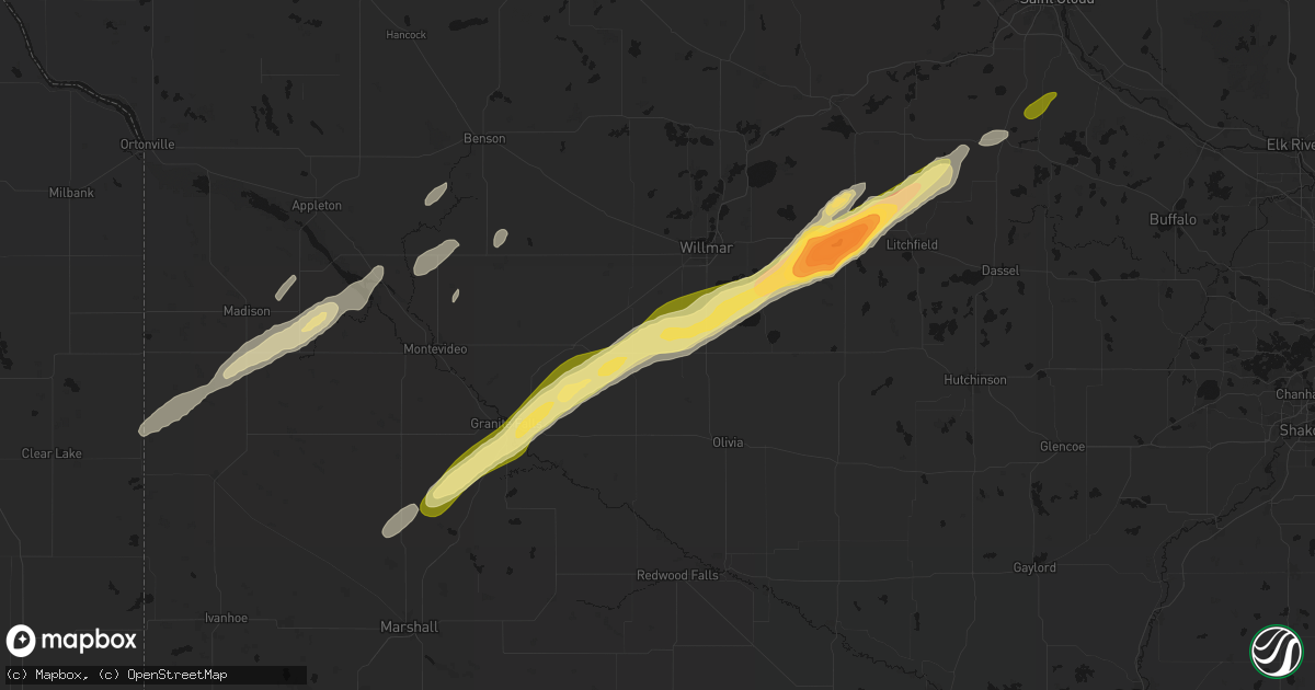 Hail map in Prinsburg, MN on October 28, 2026
