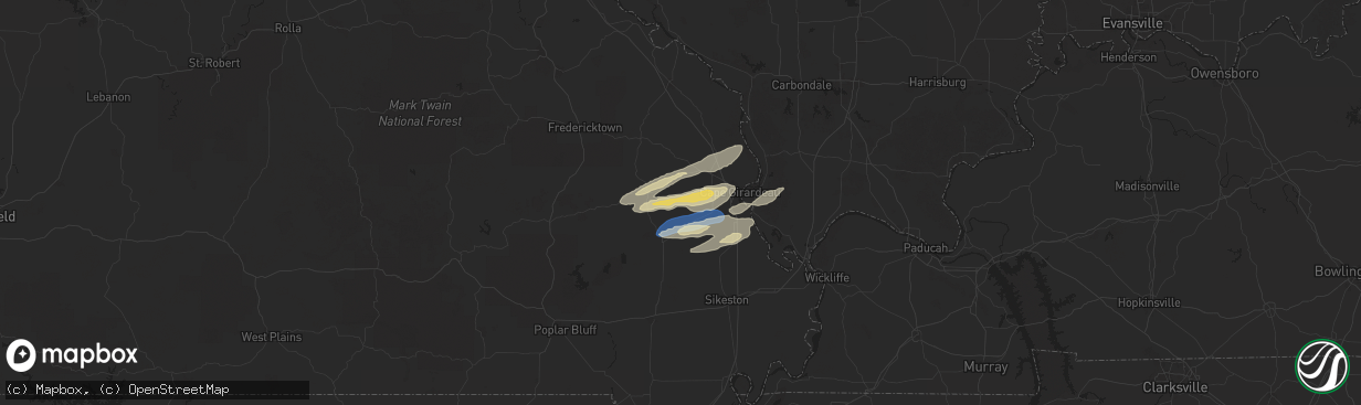 Hail map in Whitewater, MO on November 18, 2025