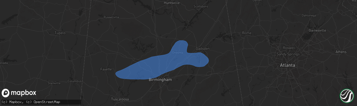 Hail map in Oneonta, AL on November 24, 2025