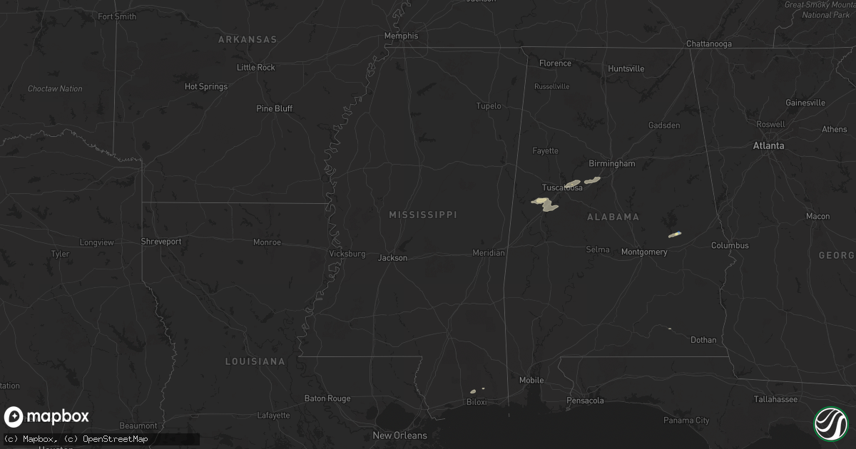 Hail map in Mississippi on November 25, 2025