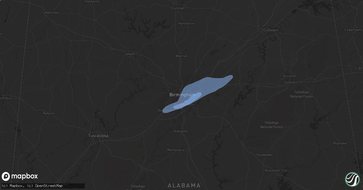 Hail map in Birmingham, AL on December 9, 2023