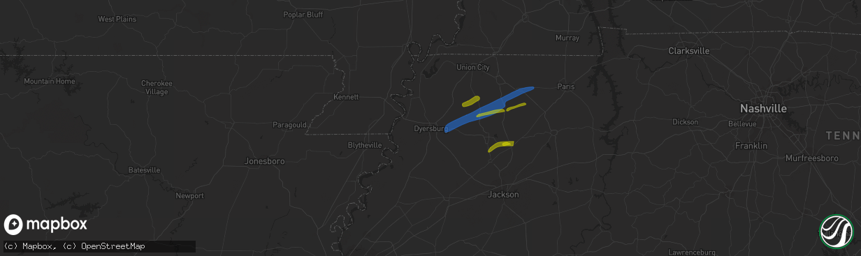 Hail map in Dyersburg, TN on December 9, 2023