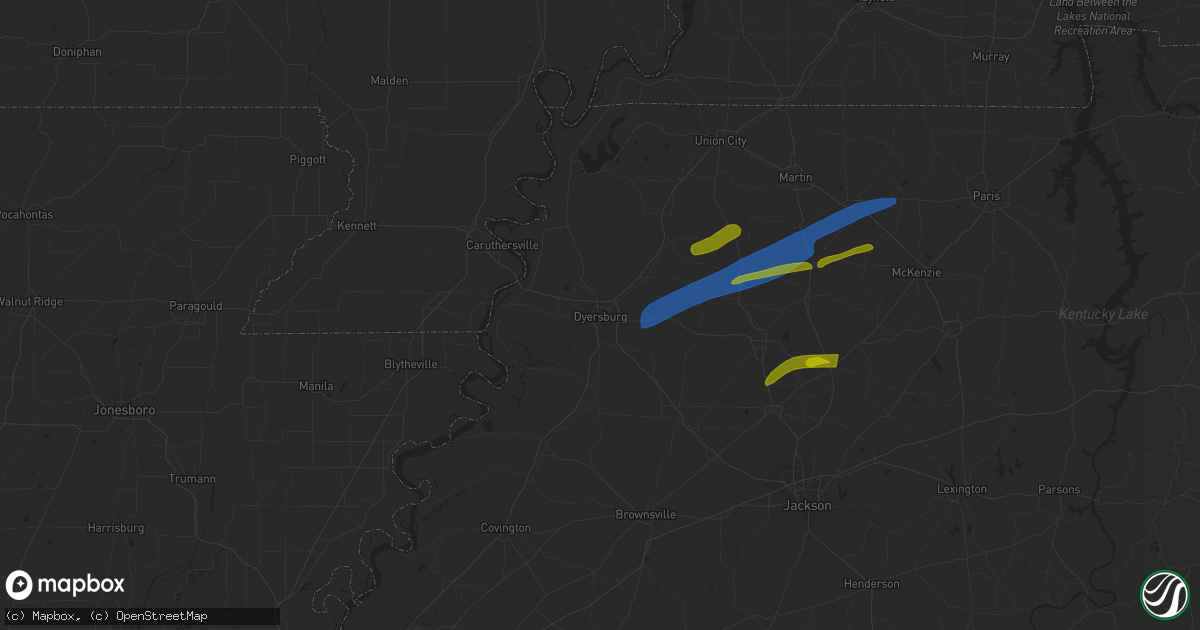 Hail map in Dyersburg, TN on December 9, 2023