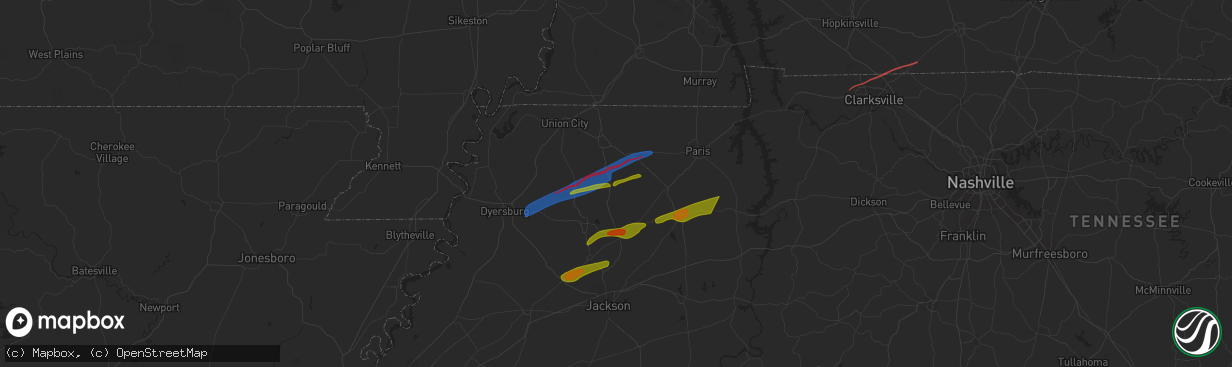 Hail map in Greenfield, TN on December 9, 2023