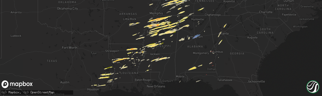 Hail map in Mississippi on December 9, 2023