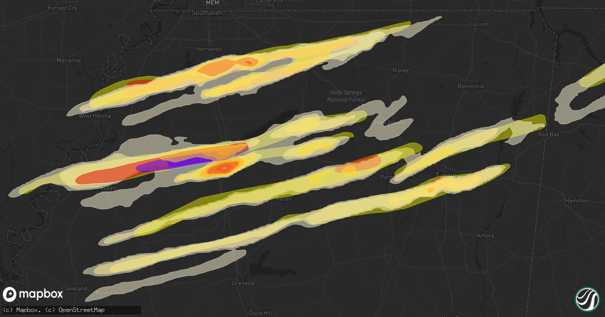 Hail map in Oxford, MS on December 9, 2023