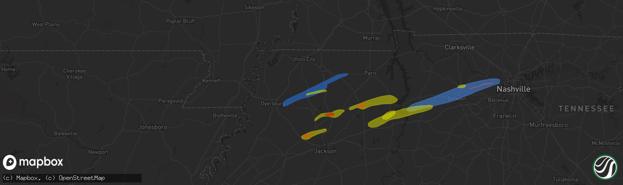 Hail map in Rutherford, TN on December 9, 2023