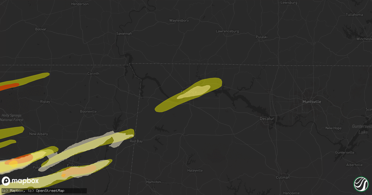 Hail map in Sheffield, AL on December 9, 2023