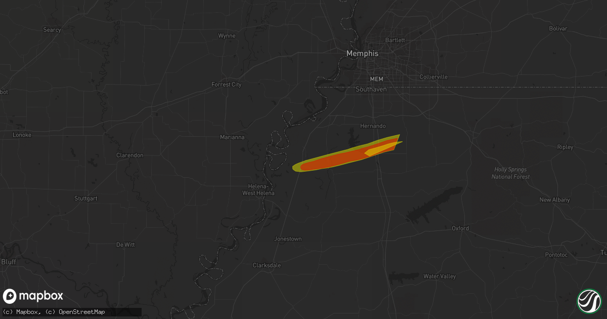 Hail map in Tunica, MS on December 9, 2023