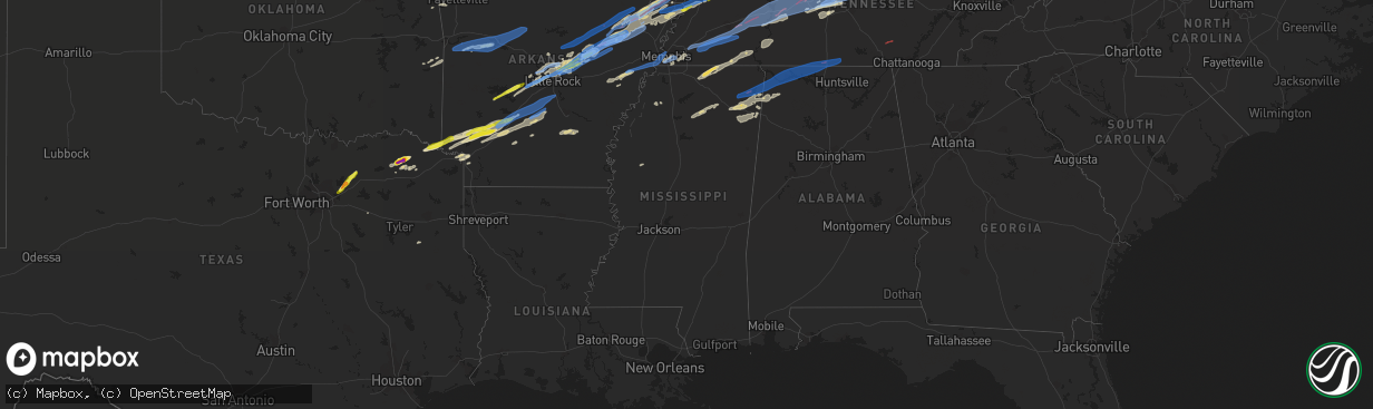 Hail map in Mississippi on December 10, 2021