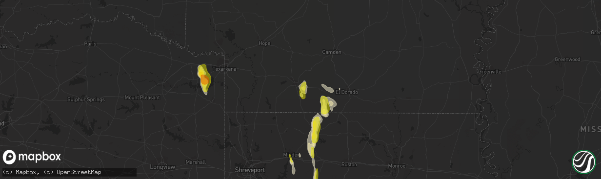 Hail map in Magnolia, AR on December 13, 2018