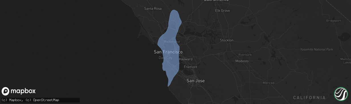 Hail map in Alameda, CA on December 14, 2024